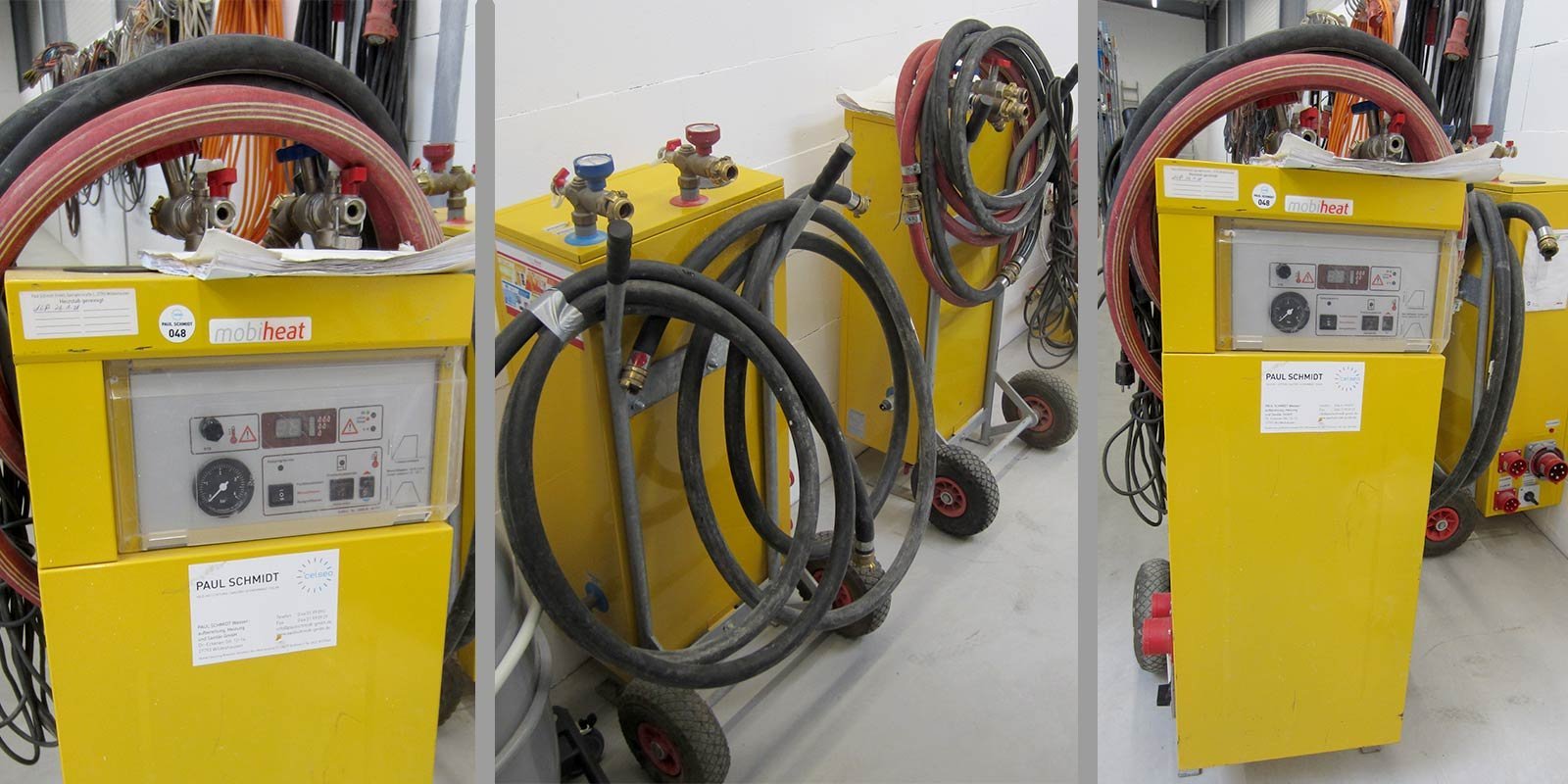 Die Heizmaschine mit dem Schriftzug 'mobiheat' hat mehrere Schläuche und eine Bedienoberfläche mit verschiedenen Anzeigen.