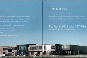 Einladung zur Eröffnung eines neuen Firmenstandorts in Wildeshausen, mit Details zum Datum und zur Adresse.